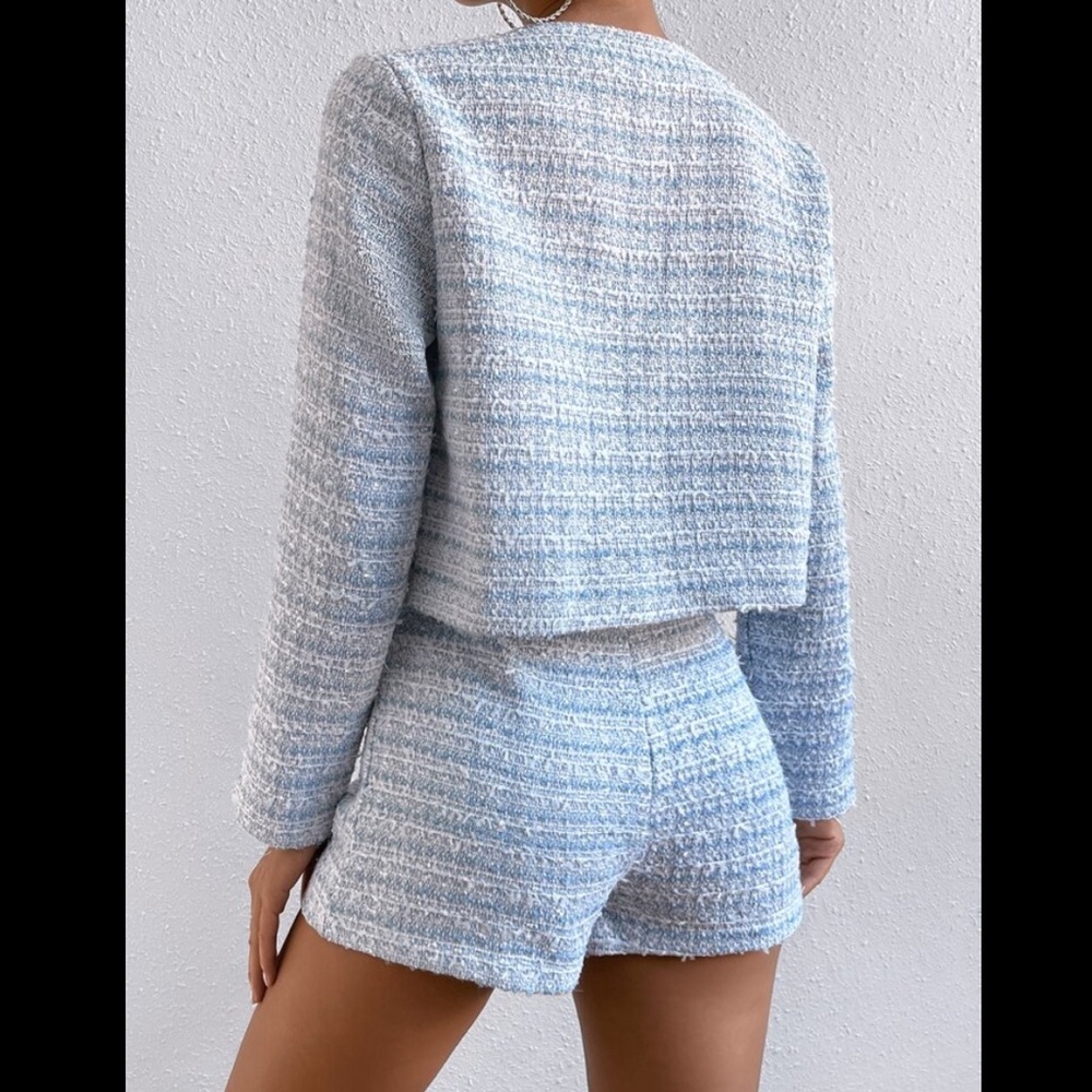 Cropped Tweed Jacket & High-Waist Shorts in Sky Blue, Size S - Picture 3 of 11